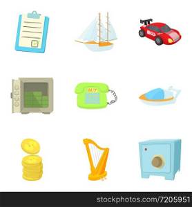 Money equivalent icons set. Cartoon set of 9 money equivalent vector icons for web isolated on white background. Money equivalent icons set, cartoon style