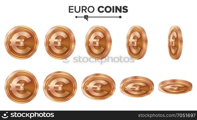 Money. Euro 3D Copper Coins Vector Set. Realistic Illustration. Flip Different Angles. Money Front Side. Investment Concept. Finance Coin Icons, Sign, Success Banking Cash Symbol. Currency Isolated. Money. Euro 3D Copper Coins Vector Set. Realistic Illustration. Flip Different Angles. Money Front Side. Investment Concept. Finance Coin Icons, Sign, Success Banking Cash Symbol