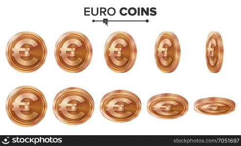 Money. Euro 3D Copper Coins Vector Set. Realistic Illustration. Flip Different Angles. Money Front Side. Investment Concept. Finance Coin Icons, Sign, Success Banking Cash Symbol. Currency Isolated. Money. Euro 3D Copper Coins Vector Set. Realistic Illustration. Flip Different Angles. Money Front Side. Investment Concept. Finance Coin Icons, Sign, Success Banking Cash Symbol