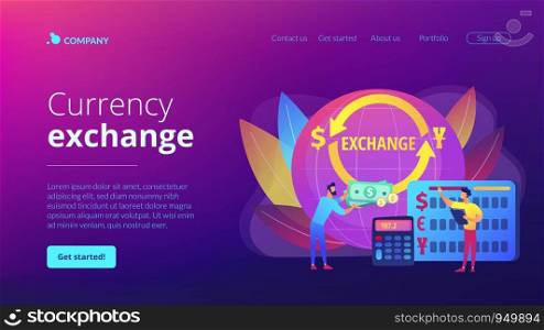 Money exchange. Bank operation. Finance services. Financial market. Currency exchange, foreign currency market, currency exchange point concept. Website homepage landing web page template.. Currency exchange concept landing page