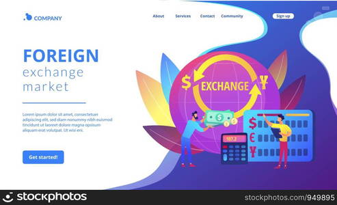 Money exchange. Bank operation. Finance services. Financial market. Currency exchange, foreign currency market, currency exchange point concept. Website homepage landing web page template.. Currency exchange concept landing page