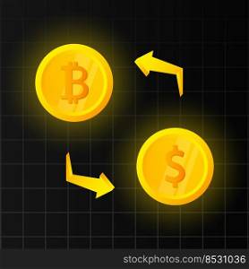 Money exchange Bitcoin and Dollar, Cash transfer, Cryptocurrency, Finance. Vector illustration. Money exchange Bitcoin and Dollar, Cash transfer, Cryptocurrency, Finance. Vector illustration.