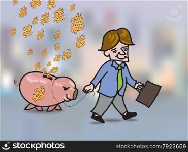 Money falling in hole on back of pink piggy bank, leading by businessman ,Concept for saving money