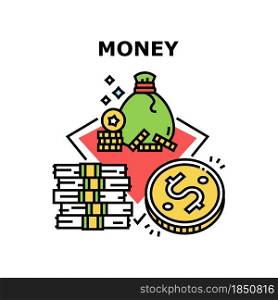 Money Finance Vector Icon Concept. Money Finance Earning And Saving, Banknotes Cash Heap And Coins Bag Abundance, Dollar Financial Wealth, Currency Debit And Exchange Color Illustration. Money Finance Vector Concept Color Illustration