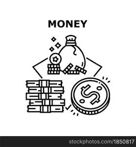 Money Finance Vector Icon Concept. Money Finance Earning And Saving, Banknotes Cash Heap And Coins Bag Abundance, Dollar Financial Wealth, Currency Debit And Exchange Black Illustration. Money Finance Vector Concept Black Illustration