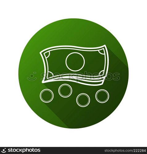 Money flat linear long shadow icon. Cash and coins. Vector line symbol. Money flat linear long shadow icon
