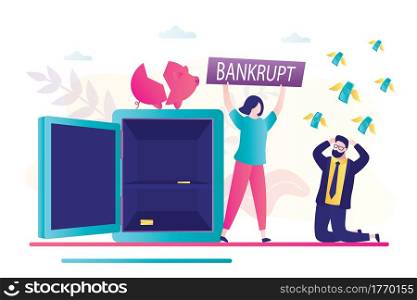 Money fly away from sad businessman. Businesswoman declares bankruptcy. Broken piggy bank and empty strongbox. Concept of financial crisis and business problem. Trendy flat vector illustration. Money fly away from sad businessman. Cute businesswoman declares bankruptcy. Concept of financial crisis and business problem