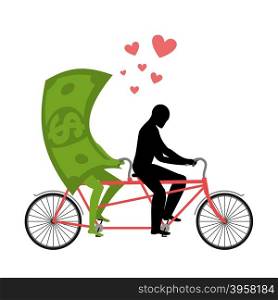 Money for bike. Lovers of cycling. Man rolls dollar on tandem. Joint walk with cash. Romantic date currency. Romantic financial illustration&#xA;