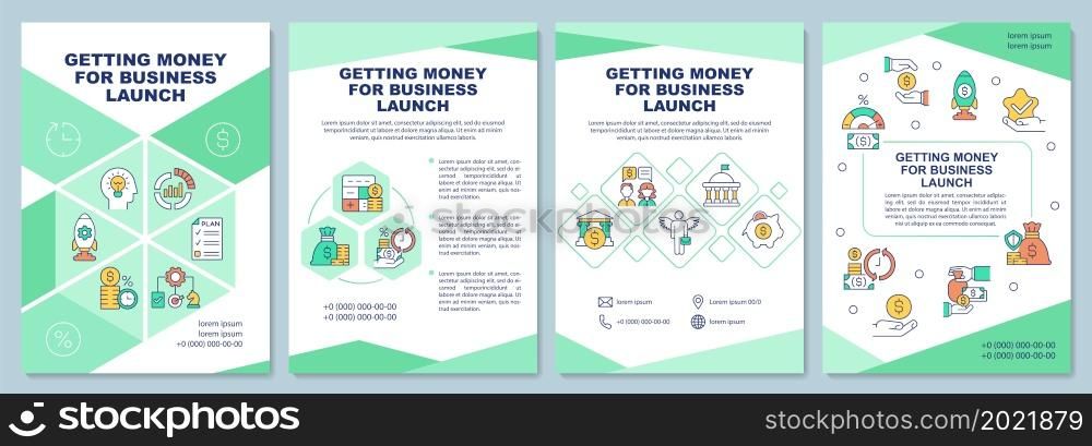 Money for business launch getting brochure template. Flyer, booklet, leaflet print, cover design with linear icons. Vector layouts for presentation, annual reports, advertisement pages. Money for business launch getting brochure template