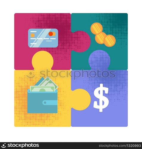 Money Forms Evolution from Golden Coins to Digital Capital Flat Vector Concept with Four Puzzle Pieces with Bank Credit Card, Golden Coins, Dollar Bills in Wallet Connected Together Illustration