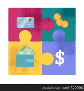 Money Forms Evolution from Golden Coins to Digital Capital Flat Vector Concept with Four Puzzle Pieces with Bank Credit Card, Golden Coins, Dollar Bills in Wallet Connected Together Illustration