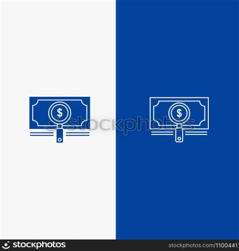 Money, Fund, Search, Loan, Dollar Line and Glyph Solid icon Blue banner Line and Glyph Solid icon Blue banner