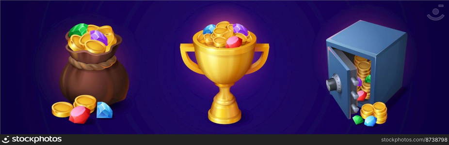 Money game icons, sack, goblet and safe full of golden coins and gem stones. Treasure, winner award, trophy ui or gui app elements, bonus, reward bag and cup, Cartoon vector illustration, set. Money game icons, sack, goblet and safe with coins