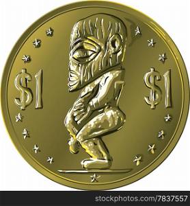Money gold coin Cook Islands Dollar depicting the Maori god of sea elements Tangaroa