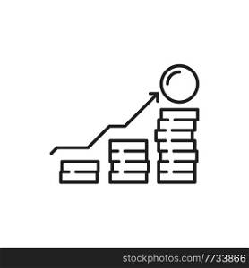 Money growth chart isolated coins stack with arrow up, thin line icon. Vector upward money growth, financial growing and economy improvement, diagram statistics, price and salary growth, progress. Coins stack with arrow up, money growth chart icon