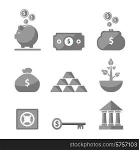 Money icons in black color on white background. Different item icons such as dollar, money tree, purse, coin box pig, bank