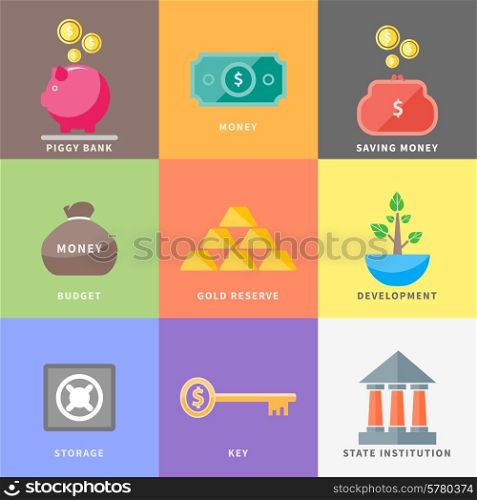 Money icons in flat design style on multicolor background. Different item icons such as dollar money tree purse coin box pig bank