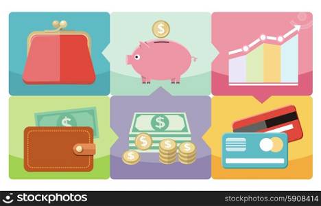 Money icons in flat design style on multicolor background. Different item icons such as dollar money graph purse coin box pig bank