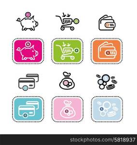 Money icons on white background. Different item icons such as dollar, card, purse, coin box pig, bank