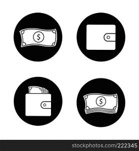 Money icons set. Cash. Dollar bills stack, leather wallet full of banknotes, one us dollar. Vector white silhouettes illustrations in black circles. Money icons set
