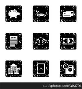Money icons set. Grunge illustration of 9 money vector icons for web. Money icons set, grunge style