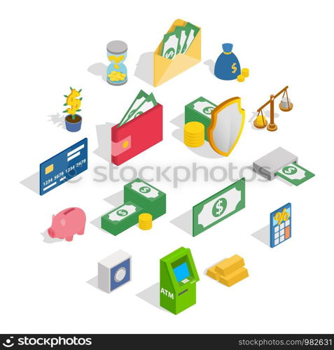 Money Icons set in isometric 3d style isolated on white background. Money Icons set, isometric 3d style