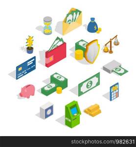 Money Icons set in isometric 3d style isolated on white background. Money Icons set, isometric 3d style