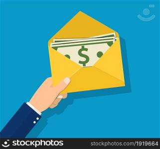 Money in envelope hold in hand businessman. Financial gift. Finance concept. Open paper envelope with money. Vector illustration in flat style. Money in envelope hold in hand businessman.