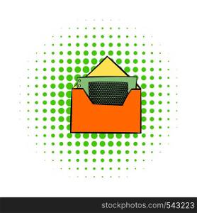 Money in envelope icon in comics style on dotted background. Finance and revenue symbol. Money in envelope icon, comics style