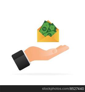 Money in envelope with hand in flat style on white background. Vector flat illustration. Send money.. Money in envelope with hand in flat style on white background. Vector flat illustration. Send money
