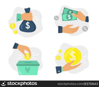 Money in hands. Finance investments, donate foundation and financial savings. Coins donations, corruption metaphor or buying deal payment. Isolated vector illustration icons set. Money in hands. Finance investments, donate foundation and financial savings. Coins donations vector illustration set