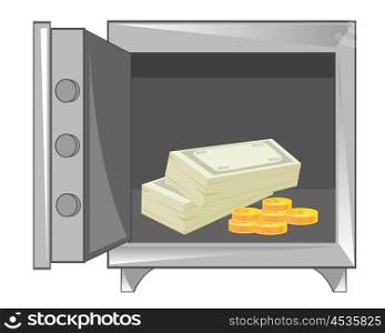 Money in iron safe. Open safe with money on white background is insulated