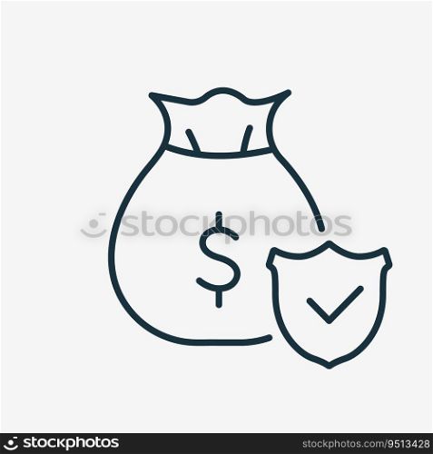 Money Insurance Line Icon. Financial Protection Guarantees of Capital. Concept of Secure and Safe Investment, Insurance. Money Bag with Shield Linear Icon. Editable stroke. Vector illustration.. Money Insurance Line Icon. Financial Protection Guarantees of Capital. Concept of Secure and Safe Investment, Insurance. Money Bag with Shield Linear Icon. Editable stroke. Vector illustration