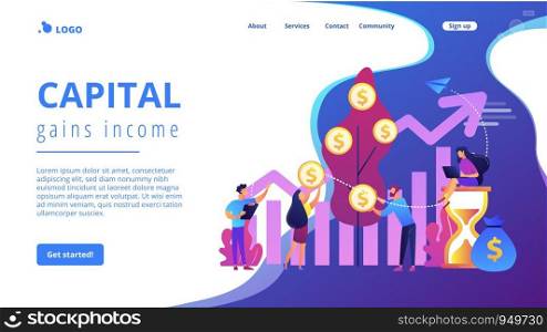 Money investing, financiers analyzing stock market profit. Portfolio income, capital gains income, royalties from investments concept. Website homepage landing web page template.. Portfolio income concept landing page.