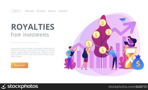 Money investing, financiers analyzing stock market profit. Portfolio income, capital gains income, royalties from investments concept. Website homepage landing web page template.. Portfolio income concept landing page.