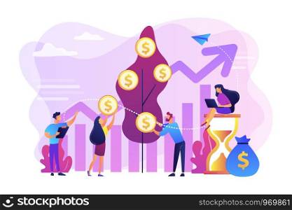 Money investing, financiers analyzing stock market profit. Portfolio income, capital gains income, royalties from investments concept. Bright vibrant violet vector isolated illustration. Portfolio income concept vector illustration.