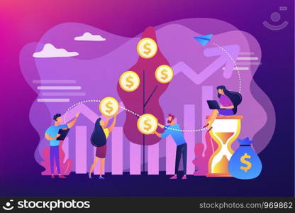 Money investing, financiers analyzing stock market profit. Portfolio income, capital gains income, royalties from investments concept. Bright vibrant violet vector isolated illustration. Portfolio income concept vector illustration.