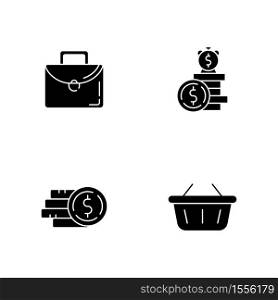 Money investment black glyph icons set on white space. Work briefcase. Stack of cash. Deposit payout. Online shopping. Commercial operation. Silhouette symbols. Vector isolated illustration. Money investment black glyph icons set on white space