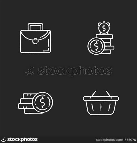 Money investment chalk white icons set on black background. Work briefcase. Pile of coins. Online shopping. Supermarket basket. Commercial operation. Isolated vector chalkboard illustrations. Money investment chalk white icons set on black background