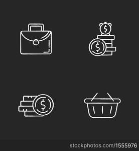 Money investment chalk white icons set on black background. Work briefcase. Pile of coins. Online shopping. Supermarket basket. Commercial operation. Isolated vector chalkboard illustrations. Money investment chalk white icons set on black background