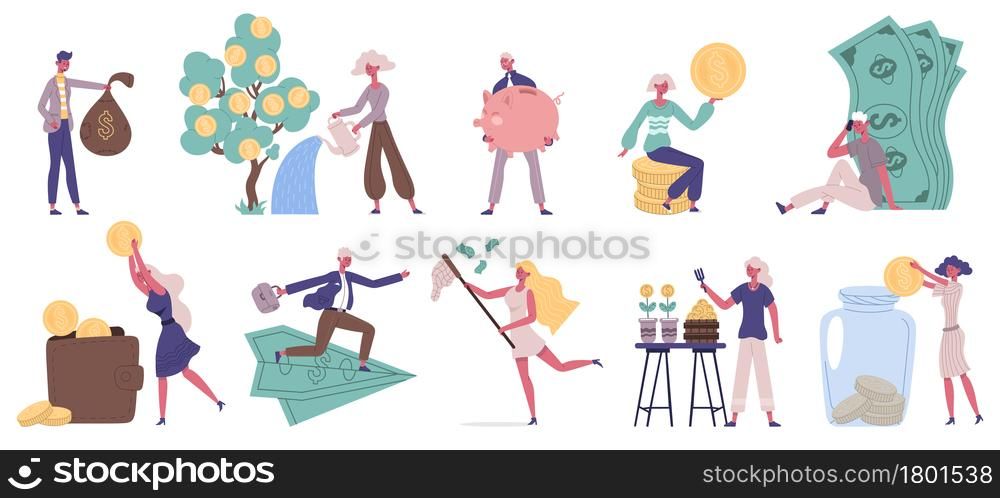 Money investment, finance savings earnings profit. People saving money, finance investment, earnings profit vector illustration set. Money growth and wealth increase concept. Piggy bank with coins. Money investment, finance savings earnings profit. People saving money, finance investment, earnings profit vector illustration set. Money growth and wealth increase concept