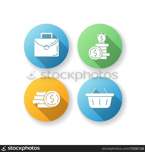 Money investment flat design long shadow glyph icons set. Work briefcase. Pile of coins. Stack of cash. Online shopping. Supermarket basket. Commercial operation. Silhouette RGB color illustration. Money investment flat design long shadow glyph icons set