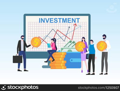 Money Investment Income Chart Growth People with Dollar Currency Symbol Coin Vector Illustration. Financial Savings Business Analysis Bank Deposit Sucess Earnings Finance Strategy Economy. Money Investment People with Dollar Coin Symbol