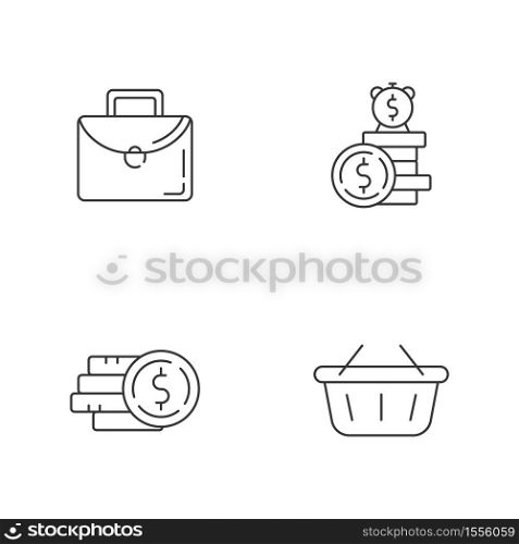 Money investment linear icons set. Work briefcase. Pile of coins. Stack of cash. Deposit payout. Customizable thin line contour symbols. Isolated vector outline illustrations. Editable stroke. Money investment linear icons set