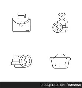Money investment linear icons set. Work briefcase. Pile of coins. Stack of cash. Deposit payout. Customizable thin line contour symbols. Isolated vector outline illustrations. Editable stroke. Money investment linear icons set