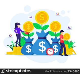 Money investment, people watering money tree, collect coin, increase financial investment profit vector illustration