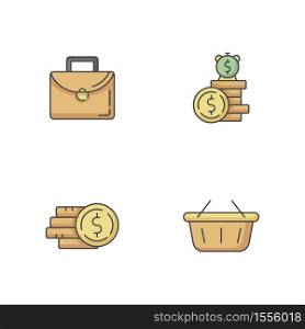 Money investment RGB color icons set. Work briefcase. Pile of coins. Stack of cash. Deposit payout. Online shopping. Supermarket basket. Commercial operation. Isolated vector illustrations. Money investment RGB color icons set