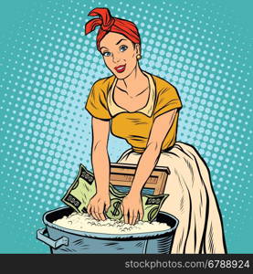 money laundering business concept, retro woman washes the dollar, pop art vector illustration