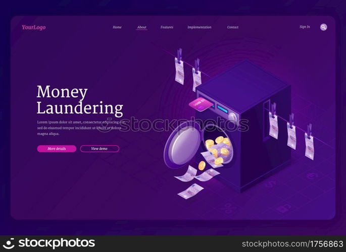 Money laundering isometric landing page, financial crime, fraudulent scheme, Illegal criminal process in offshore. Dirty banknotes and coins in washing machine and drying on rope, 3d vector web banner. Money laundering isometric landing page, banner