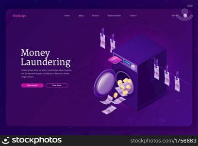 Money laundering isometric landing page, financial crime, fraudulent scheme, Illegal criminal process in offshore. Dirty banknotes and coins in washing machine and drying on rope, 3d vector web banner. Money laundering isometric landing page, banner